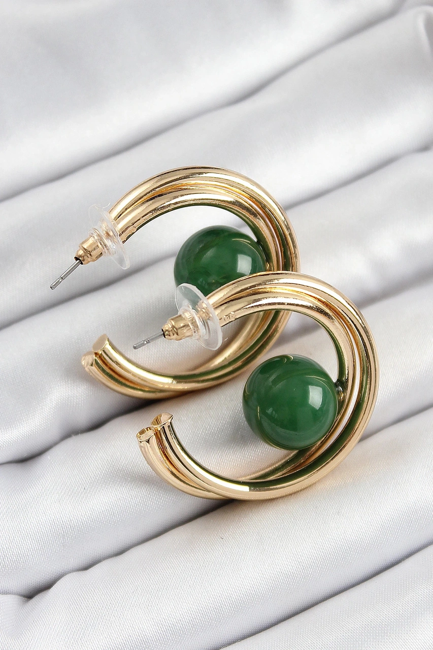 Dodes Dodes Pirinç Gold Renk Halka Model Yeşil Boncuk Detay Kadın Küpe Tg27bkp10365 Çok Renkli