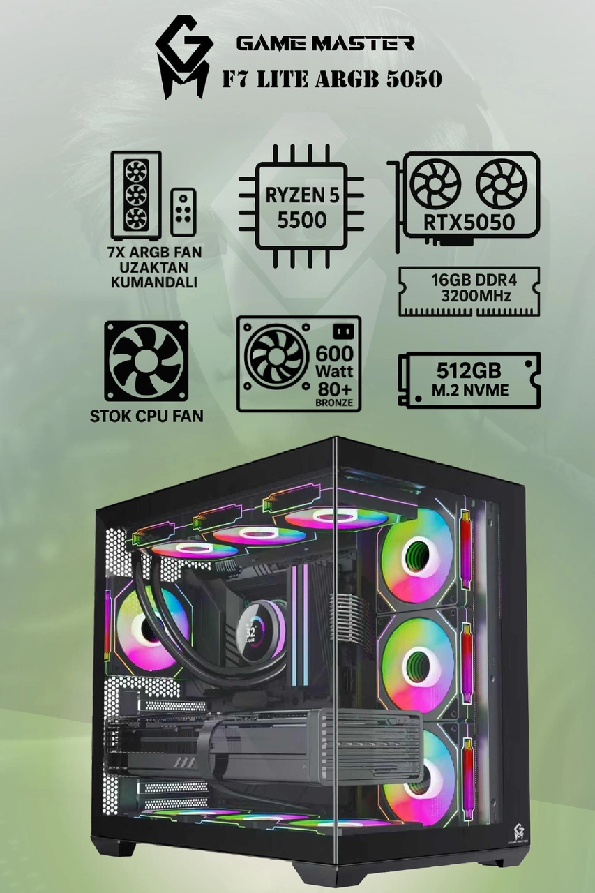 Game Master F7 Lite Argb R5-5500 16 GB 512 GB SSD RTX5050 Free Dos Masaüstü Oyuncu Bilgisayarı
