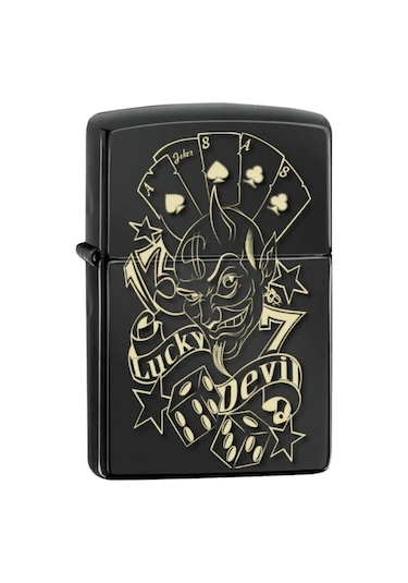 Oyun Kart Şans Devil Good Luck Şeytan Benzinli Çakmak Siyah Metal Üstüne Silinmez Yazı Resimli Siyah