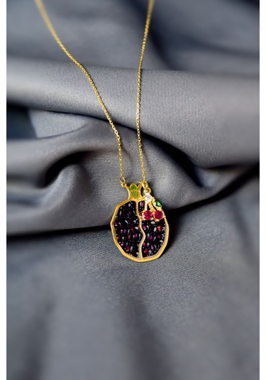 925 Ayar Gümüş Gold Kaplama Kiraz Sallantılı , Mineli Bolluk ve Bereket Tılsımı Nar Taneli Kolye