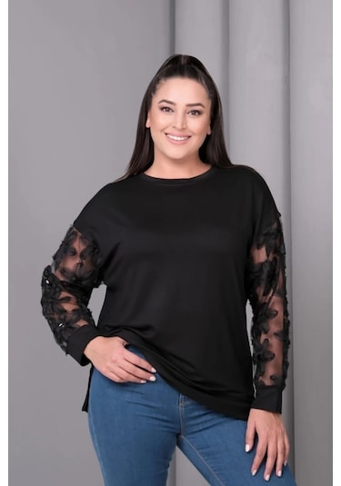 Kolları Tül Çiçek Aplikeli Bluz Siyah