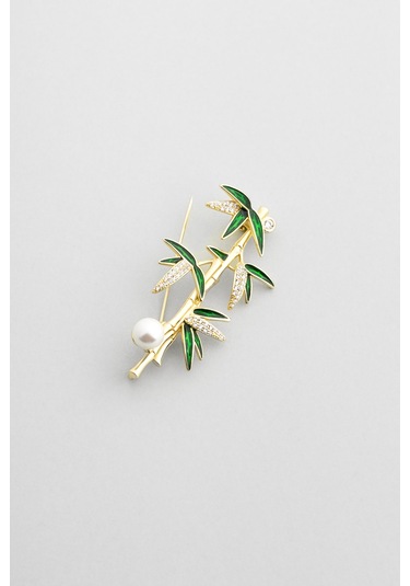 Şans Bambusu 18 Ayar Sarı Altın Kaplama Gümüş Broş Sarı Altın Kaplama