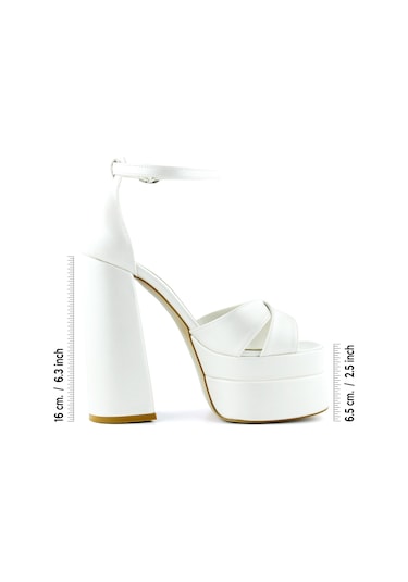 Erkan Saçmacı Celine İnci Beyaz Önü Açık Çapraz Bantlı Çift Platformlu Kalın Topuklu Abiye Gelin Ayakkabısı