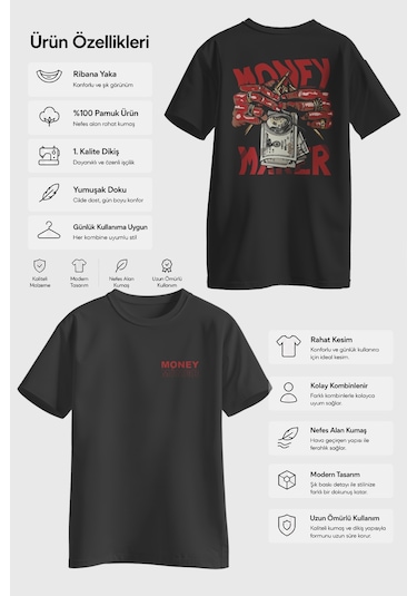 Spoyi Money Maker Tasarımlı %100 Pamuk Yarım Oversize Siyah T-lhirt