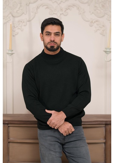 Woolen World Balıkçı Yaka Kalın Yünlü Erkek Triko Kazak Siyah
