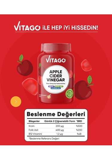 Vitago Apple Cider Vinegar Elma Sirkesi İle Tatlandırılmış Krom, B12 Vitamini Ve Folik Asit İçeren 60 Adet Çiğnenebilir Gummies Form Takviye Edici G
