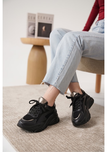 D383 Günlük Ortopedik Kadın Sneaker Spor Ayakkabı Siyah