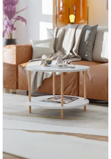 Yuvarlak Orta Sehpa Gazetelik Ahşap Ayaklı Sehpa -beyaz