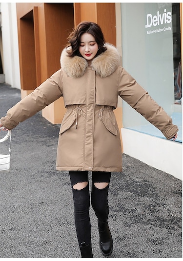 Snapbuy Kalın, Yumuşak Dolgulu, Midi Boy, Kapüşonlu, Kürk Detaylı Kadın Mont Koyu Bej