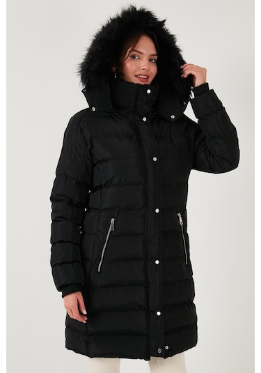 Lela  Regular Fit Çıkarılabilir Kapüşonlu Fermuarlı Cepli Şişme Bayan Mont 497Emily Siyah