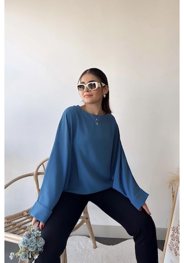 Kadın İndigo Airobin Yarasa Duble Kol Salaş Bluz Ekstra Oversize Yuvarlak Yaka - Tesettüre Uygun Indigo
