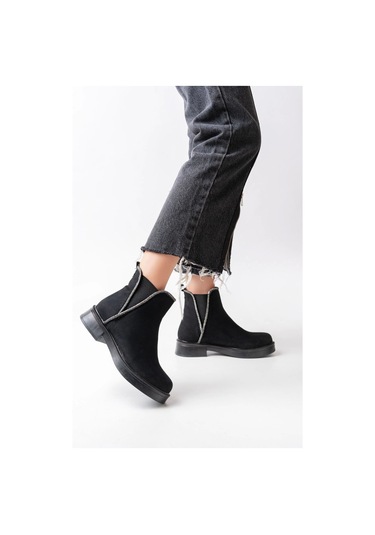 Siyah Süet Taş Aksesuarlı Lastikli Günlük Kadın Bot Siyah