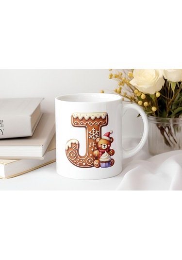 J Kurabiye Harf Ve Ayıcık Detaylı Kupa Bardak - Yeni Yıl / Yılbaşı Temalı Tasarım - Noel Hediye Beyaz