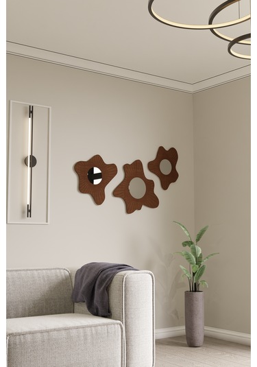 Lüks 3 Parçalı Pleksi Aynalı Ahşap Duvar Dekoru Krem