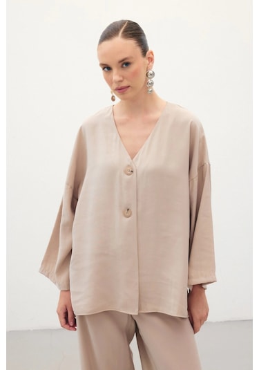 Sateen Düğmeli Kimono - Taş Taş