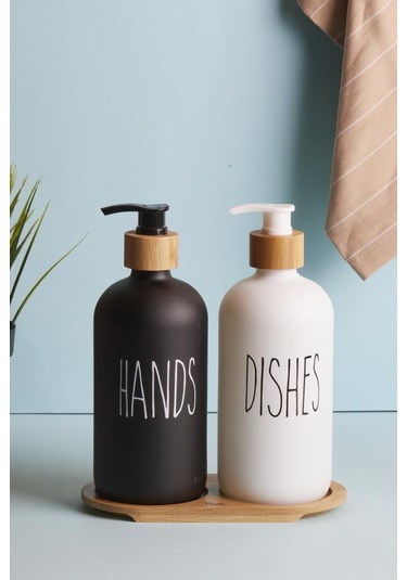 Dekorasyaa 2li Siyah Beyaz Cam Sıvı Sabunluk 500ml - Bambu Stantlı Siyah - Beyaz