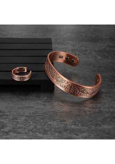 Ikuinen Manyetik Saf Bakır Takı Seti Ayarlanabilir Bilezik Yüzük Vintage Ağacı Takı Seti Kadın Erkek İçin