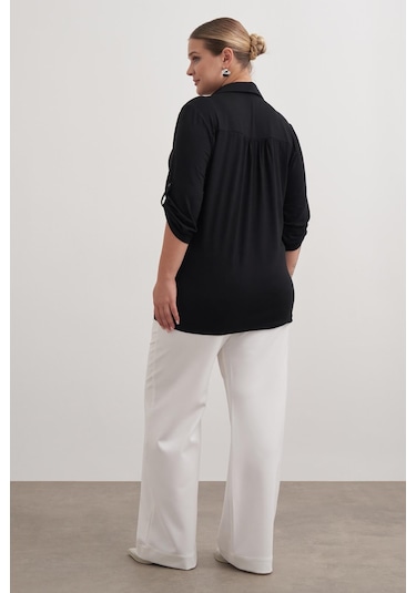 Kıvrık Kollu Örme Bluz-1825 Siyah