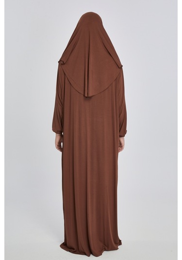 Pratik Başörtülü Rahat Giyilebilen Organik Tek Parça Namaz Elbisesi Çikolata