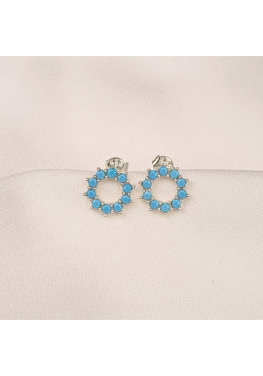 Altın Küpe - 14 Ayar Altın Yuvarlak Firuze Turkuaz Taşlı Küpe Sarı