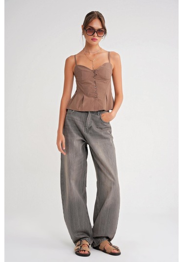 4737 Kadın Düğmeli Kuplu Pileli Bluz Moka Moka