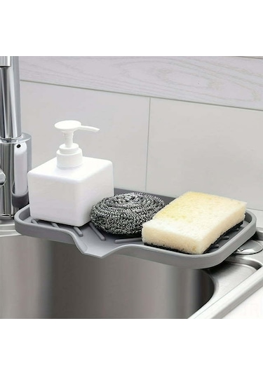 Dofolink Silikon Lavabo Organizer, Sabun Ve Fırçalayı Tutan Su Akıtmalı Depolama Tepsisi Gri
