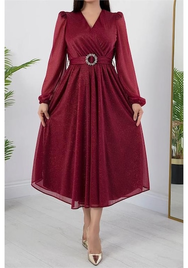 Neşeli Butik Kadın Kemer Ve Vatka Detaylı Simli Midi Elbise Rymy3590 Bordo