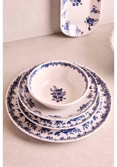 Antik Mavi 27 Parça 6 Kişilik Seramik Yemek Takımı Vintage Mavi Çiçekli Yuvarlak Servis Seti Mavı Mavi