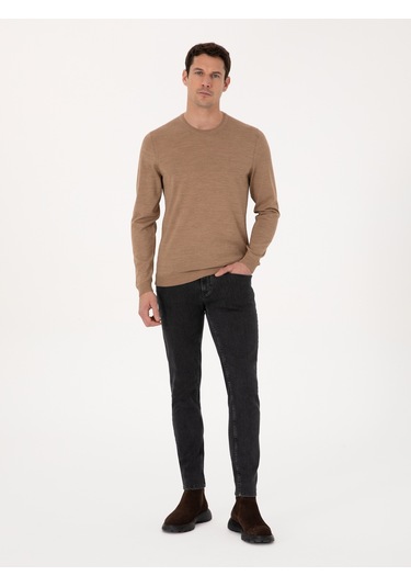 Cacharel Camel Slim Fit Yün Karışımlı Bisiklet Yaka Basic Triko Kazak Kahverengi