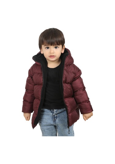 Freemen Erkek Çocuk Bordo Polarlı Kürklü Kapüşonlu Su Geçirmez Rüzgara Dayanıklı Şişme Kışlık Mont Bordo