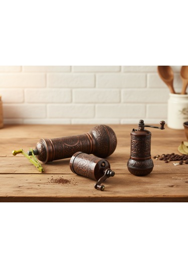 Zamak Metal Bakır Renk 3 Lü Set Karabiber,kahve,çörek Otu El Değirmeni Öğütücü Grinder Bakır