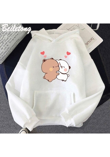 Beyaz Kawaii Hoodie Panda Ayı Karikatür Bubu Dudu Baskı Kız Büyük Boy Kazak İlkbahar/sonbahar Açık Mavi Uzun Kollu Cep Tops Beyaz