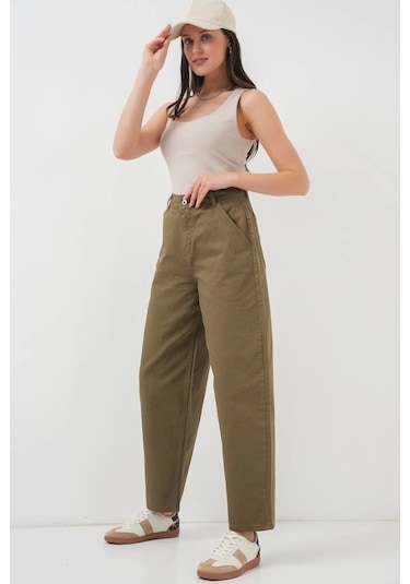 Defymoda 6703 Yüksek Bel Kot Pantolon - Haki Haki
