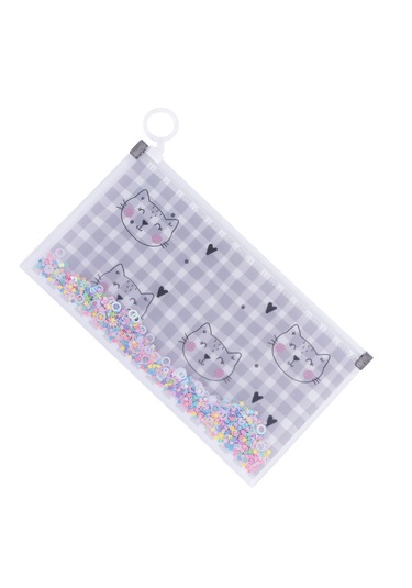 Simli Şeffaf Kalem Çantası - Kedi Desen