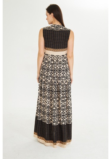 Etnik Desen Bohem Tam Boy Kolsuz Elbise Bej Acı Kahverengi