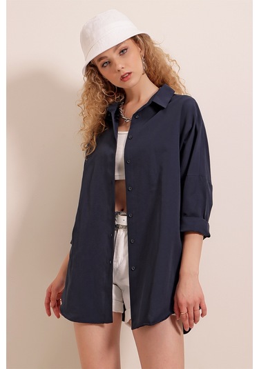 Bigdart 3900 Oversize Uzun Basic Gömlek - Lacivert 001