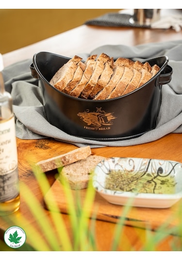 Metal Kayık Ekmeklik, Gondol Ekmeklik, Ekmek Sepeti, Sunumluk Fresh Bread Baskılı - Siyah