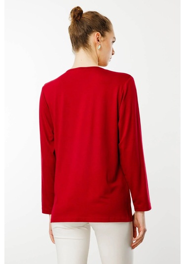 Desen Triko Kadın Açma Yaka Dantel Çiçek İşlemeli Penye Bluz 24753 Bordo Bordo