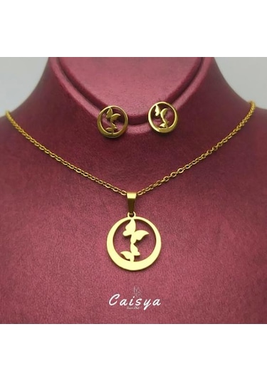 Kelebek Yuvası Çelik Kolye Küpe Set Gümüş