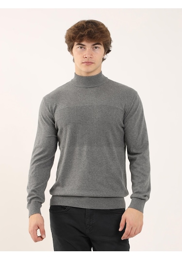 Dufy Gri Melanj Erkek Regular Fit Dik Yaka Triko - 90649 Gri Melanj
