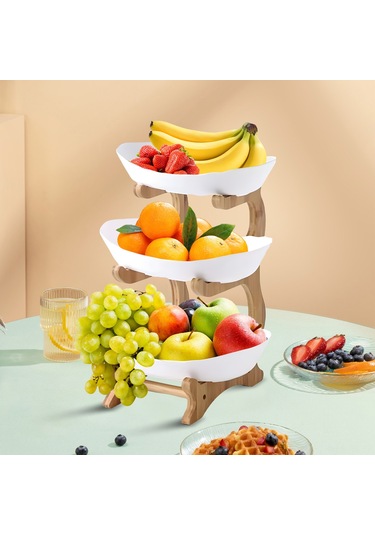 Reedark 3 Katlı Bambu Ayaklı Pratik Mutfak Servis Tepsisi - Pasta Ve Meyve Sunumu İçin Beyaz
