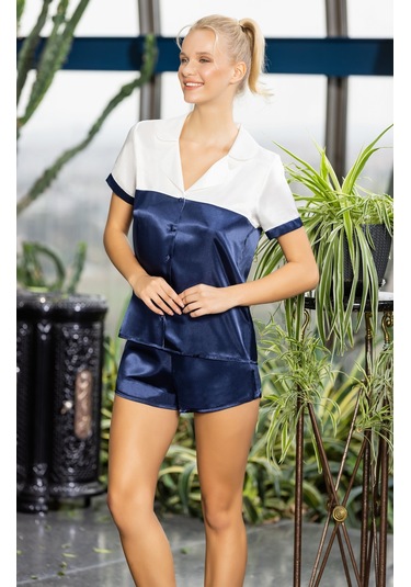 Laperissa Kadın Lacivert Beyaz Kısa Kollu Saten Şortlu Pijama Takımı Rahat Ve Şık 2 Li Set Lacivert