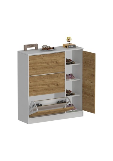 Milano 3 Kapaklı Kayar Raflı Dolaplı Ayakkabılık Meşe Çam