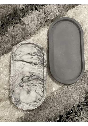 2'li Dekoratif Oval Sunumluk Seti, Dekoratif Biblo Takı Tabağı, Saksılık,tütsülük,mumluk - Gri-mermer Desenli
