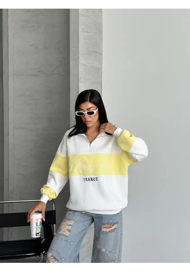 Yarım Fermuar Ikı Renklı Sweat Sarı