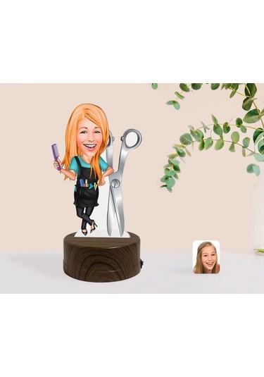 Kişiye Özel Kadın Kuaför Karikatürlü Dekoratif 3D Biblo Led Işıkl