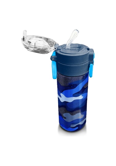 Coral High Kids Lacivert Saks Kamuflaj Desenli Pipetli Ve Direkt İçim Çelik Termos 500 Ml 31889 Saks Mavi