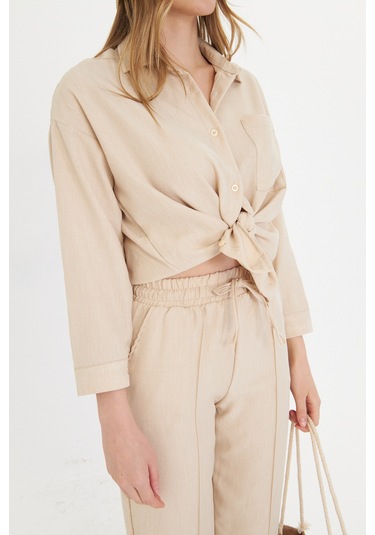 Bej Kadın Keten Gömlek Ve Pantolon Alt Üst Takım Bej