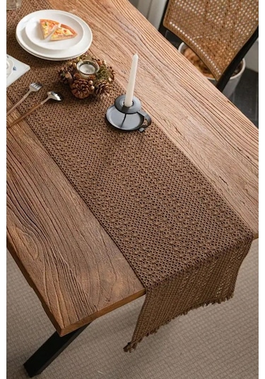 Pamuk Dantel Runner 35x145 Cm Masa Örtüsü Koyu Kahve