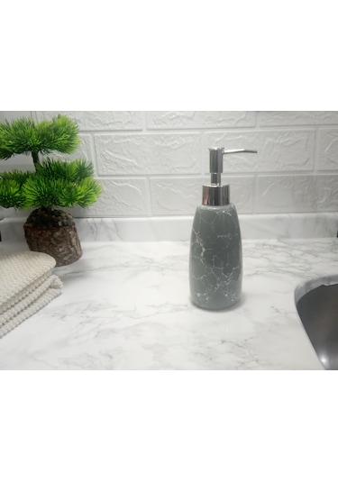 Mermer Desenli Gri Sıvı Sabunluk 8x8x17cm 300ml Banyo Seti